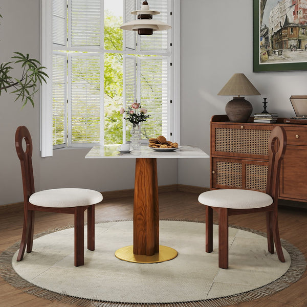 English Elm Modern Square Dining Table: Elegant Sintered Stone With Wooden Legs & Gold Base For Small Spaces W1535S00607