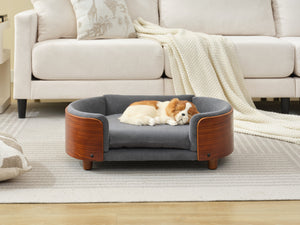 English Elm Scandinavian Mid-century Pet Sofa with Walnut Bentwood Back and Navy Velvet Cushion Dark Grey W794125938