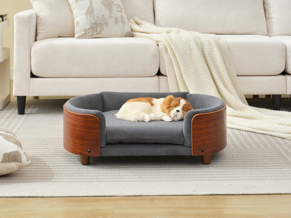 English Elm Scandinavian Mid-century Pet Sofa with Walnut Bentwood Back and Navy Velvet Cushion Dark Grey W794125938