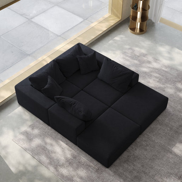English Elm Oversized sponge cloud sofa modular 162" L-shaped sectional with chenille upholstery and 6 pillows, no-assembly comfort Black W834S00390