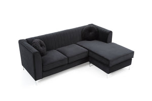 English Elm Delray Channel Quilted Velvet Sectional Sofa Chaise with Glam Chrome Legs Black B078S00080