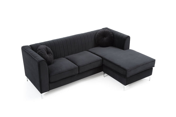 English Elm Delray Channel Quilted Velvet Sectional Sofa Chaise with Glam Chrome Legs Black B078S00080