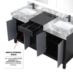 English Elm Black Double Bath Vanity 60" With Castle Grey Marble Top, Gun Metal Faucets & 28" Matching Mirrors B2731S01154