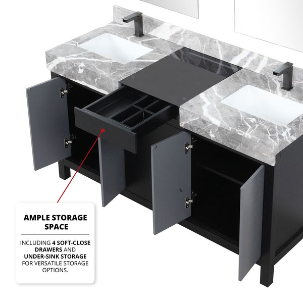 English Elm Black Double Bath Vanity 60" With Castle Grey Marble Top, Gun Metal Faucets & 28" Matching Mirrors B2731S01154