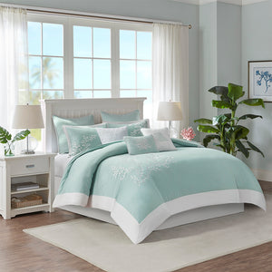 JLA Home Harbor House Blue - Duvet Harbor House Aqua Coral Embroidered Cotton Jacquard Set with White Pieced Border, Ties 90 L x 90 W x 0.13H HH12-1542