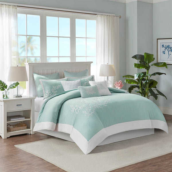 JLA Home Harbor House Blue - Duvet Harbor House Aqua Coral Embroidered Cotton Jacquard Set with White Pieced Border, Ties 90 L x 90 W x 0.13H HH12-1542