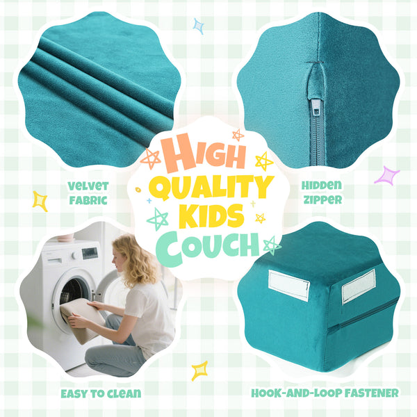 English Elm 5-piece Modular Foam Play Couch Velvet Toddler Sofa Foldable Kids Playroom Set Cyan T5880P493436