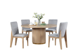 English Elm Cesare Round Pedestal Dining Set Oak Veneer Table with Four Gray Linen Chairs B2749S00302