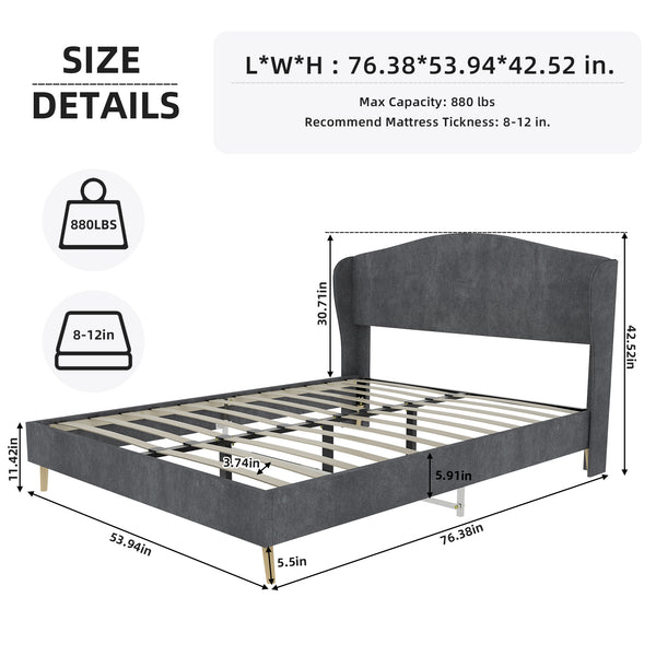 English Elm Suede Tufted Platform Bed Full Size Upholstered Headboard for Restful Bedroom Retreat Grey W1935P361013