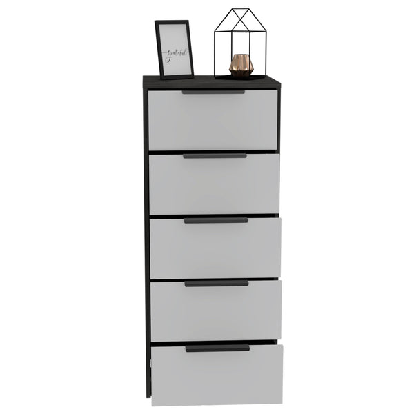 English Elm Washington Five Drawer Dresser with Light Oak Frame and White Fronts, Space-Saving Minimalist Storage Chest Smoke,White 46 L x 21 W x 5 H B128P148836