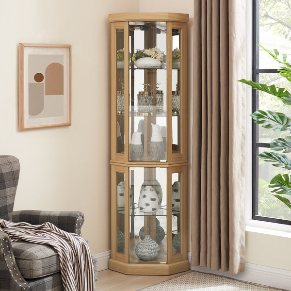 English Elm Corner Curio Cabinet Lighted Glass Display Case with Mirrored Back for Living Room Light Oak W2275P194430
