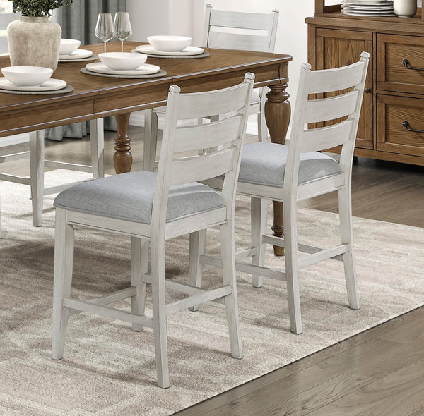 English Elm Farmhouse Weathered White Counter Height Ladder-Back Chairs Set of 2 with Padded Textured Seats for Cozy Kitchen Island Seating Durable Wood Frame Rustic Charm Antique White 43 L x 20 W x 14 H B011P347892