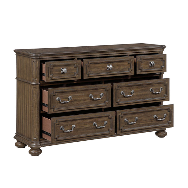 English Elm Traditional Oak Veneer Dresser with Arched Mirror Seven Drawer Bedroom Set B011S02506