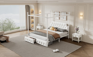 English Elm Queen Metal Canopy Platform Bed with Upholstered Velvet Headboard, Built-In Storage Drawers, White Elegance DL000656AAK