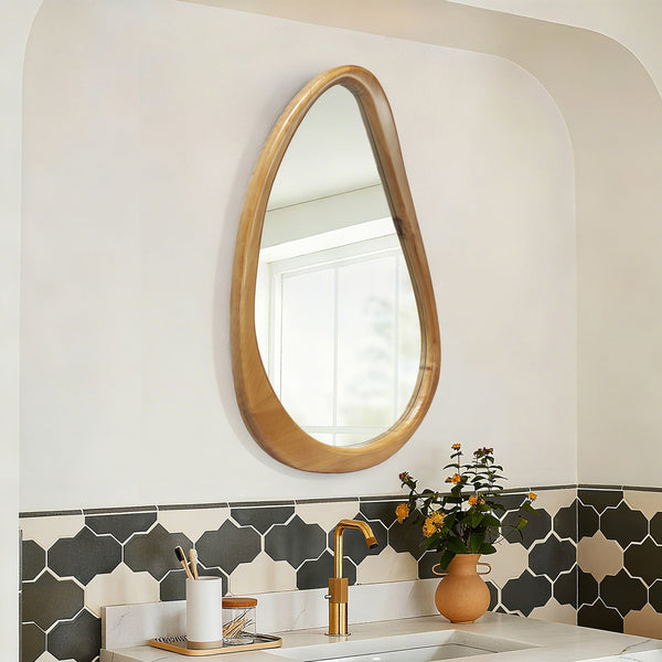 English Elm Modern Irregular Teardrop Wooden Wall Mirror Natural Frame 29.92"x20.08" Mid-Century Vanity Accent W2295P388971