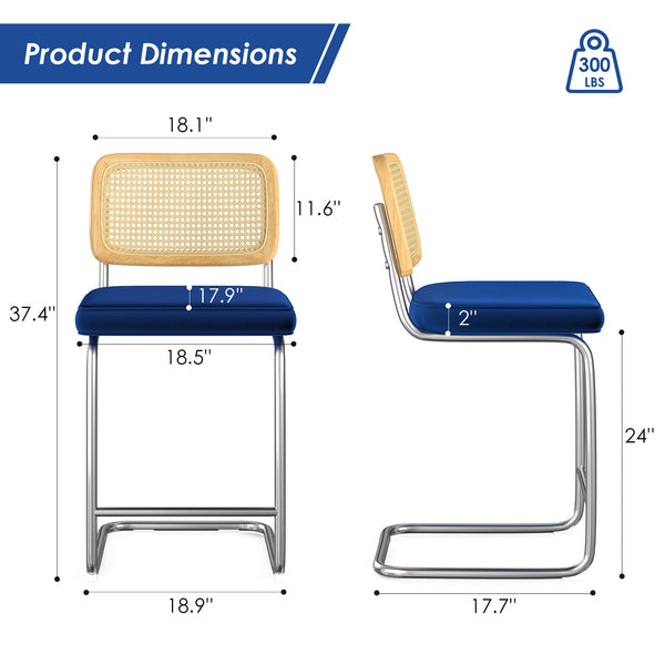 English Elm Farini Velvet Counter Height Bar Stools Set of 2 with Rattan Back, Cantilever Comfort & Floor Protectors Blue T3623P354968