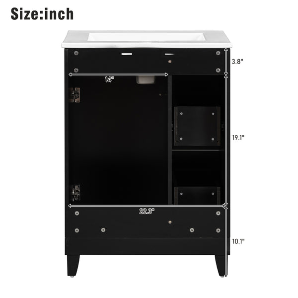 English Elm 24-Inch Bathroom Vanity Cabinet with Ceramic Sink, Space-Saving Storage, Solid Wood Feet, Durable Finish Black WF532034AAB