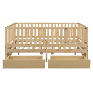English Elm Full Size Pinewood Kids Daybed with Fence Rails Split Floor Bed and Storage Drawers Natural LP100882AAN