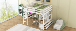 English Elm Full Loft Bed with Built-in Desk, 4 Drawers, 6 Shelves, Pine/MDF White — Space-Saving Study Loft SM000320AAK