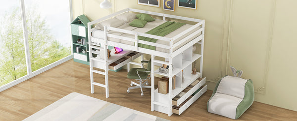 English Elm Full Loft Bed with Built-in Desk, 4 Drawers, 6 Shelves, Pine/MDF White — Space-Saving Study Loft SM000320AAK