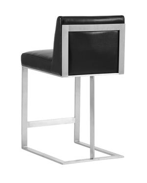 Sunpan Dean Bar Stool with Exposed Brass Frame and Luxurious Bonded Leather for Stylish Spaces Stainless Steel / Cantina Black