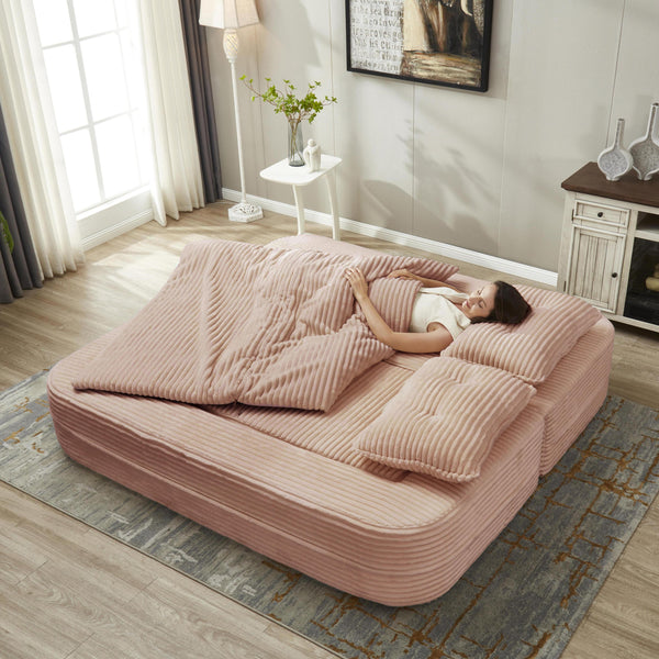 English Elm Multi Functional Sectional Sofa Bed Plush Corduroy Convertible 80" King Sleeper with Chaise, Deep Fluff Pink W3219P339466