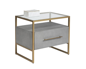 Sunpan Venice Nightstand – Glamorous Acacia Wood Design with Tempered Glass Top and Antique Brass Hardware Grey Shagreen