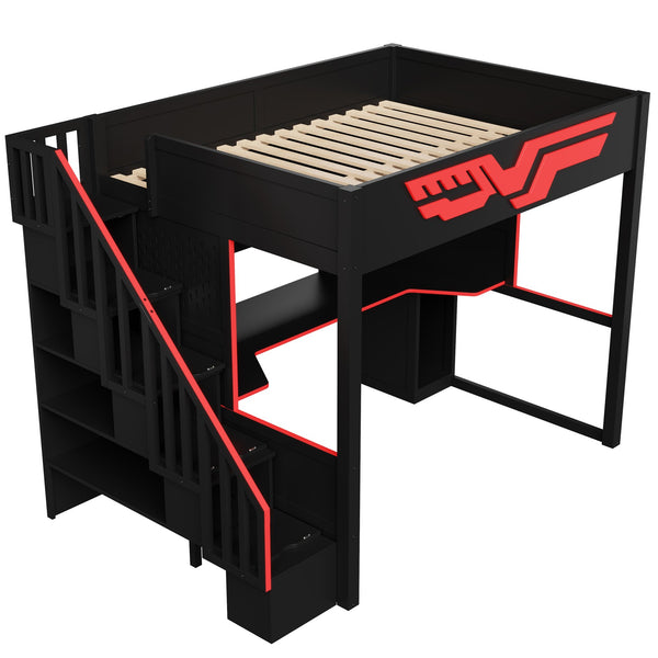 English Elm Gaming Full Loft Bed with Workstation Storage Staircase Led Lights and Usb Port N7090004031B
