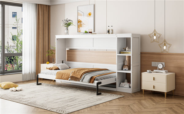 English Elm Twin Space-Saving Murphy Bed with Bookshelf and Fold-Down Desk, LVL/MDF, Compact Modern Design White GX002221AAK