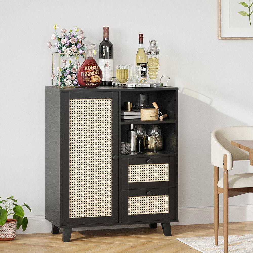English Elm Rattan Cane Front Sideboard with Drawers Adjustable Shelf Bohemian Storage Cabinet Black T3623P434723
