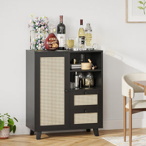English Elm Rattan Cane Front Sideboard with Drawers Adjustable Shelf Bohemian Storage Cabinet Black T3623P434723