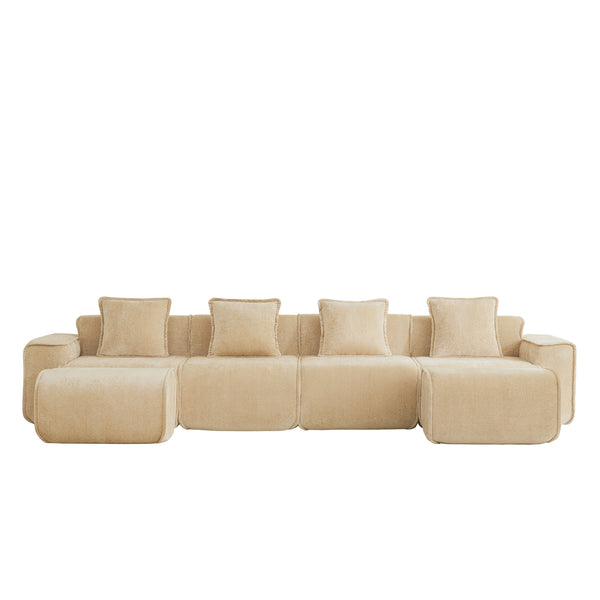 English Elm Streamlined Modular U-shape Sectional Velvet Sofa with Cloud Comfort and Movable Ottomans Light Camel W3041S00356