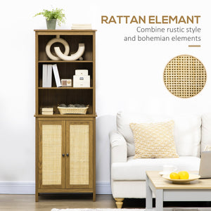 English Elm HOMCOM Rustic Rattan Bookcase with Cabinet & 3 Adjustable Open Shelves, Tall Walnut Storage Unit W2225P173972