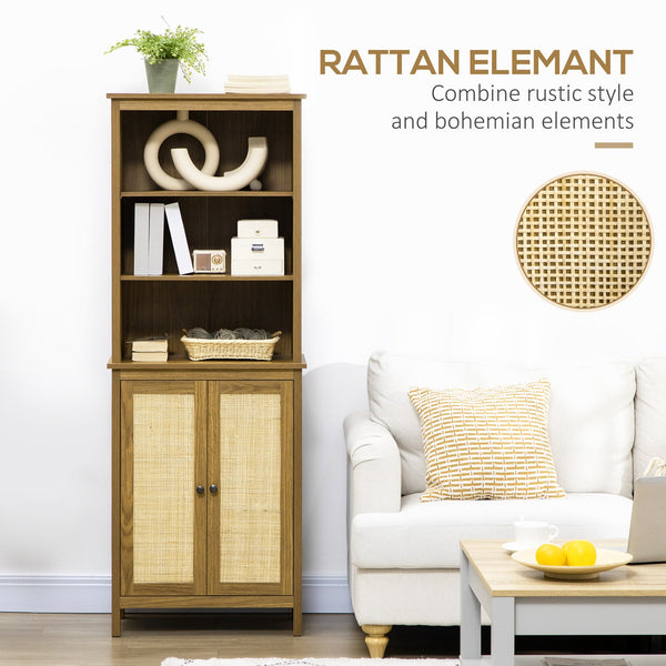 English Elm HOMCOM Rustic Rattan Bookcase with Cabinet & 3 Adjustable Open Shelves, Tall Walnut Storage Unit W2225P173972