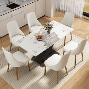 English Elm 63" Modern Sintered Stone Dining Table with Durable X-Leg Iron Base, Seats 6, 400 lb Capacity Antique White,Black W1535S00533