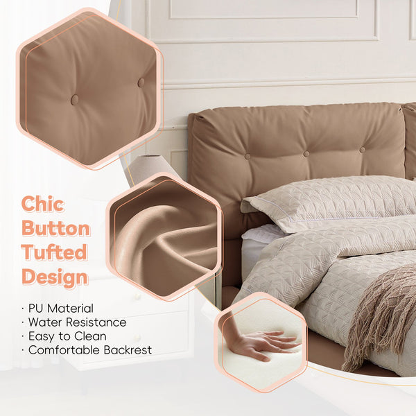 English Elm Christopher Knight Home® - Queen Plush Leather Upholstered Bed Frame with Wingback Headboard, Wavy Footboard, Quiet Support khaki 37.59 L x 32.25 W x 13 H N761S0000022M