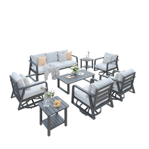 English Elm Fr Seven Piece Outdoor Patio Set with Swivel Rockers Memory Foam Cushions Aluminum Frame W5382S00018