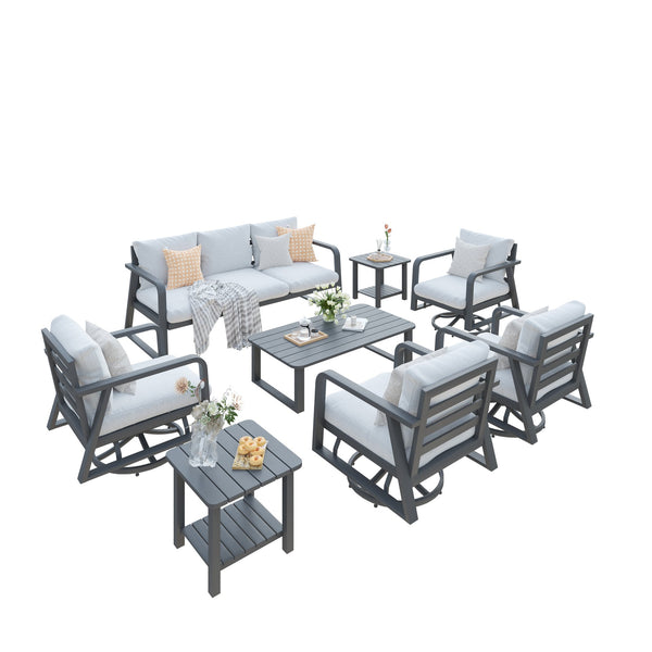 English Elm Fr Seven Piece Outdoor Patio Set with Swivel Rockers Memory Foam Cushions Aluminum Frame W5382S00018