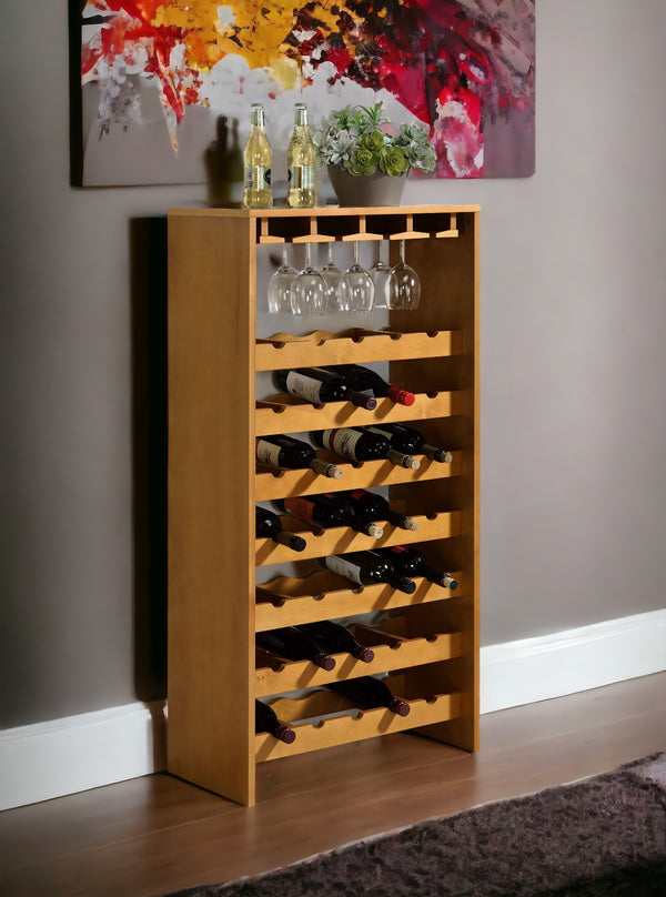 English Elm Hanzi Oak Freestanding Wine Rack with Stemware Storage Holds 35 Bottles B2726P408073