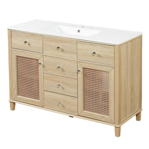 English Elm 48-inch Rattan Bathroom Vanity Solid Wood Frame Five Drawers Ceramic Sink Coastal Boho N765P38884950E