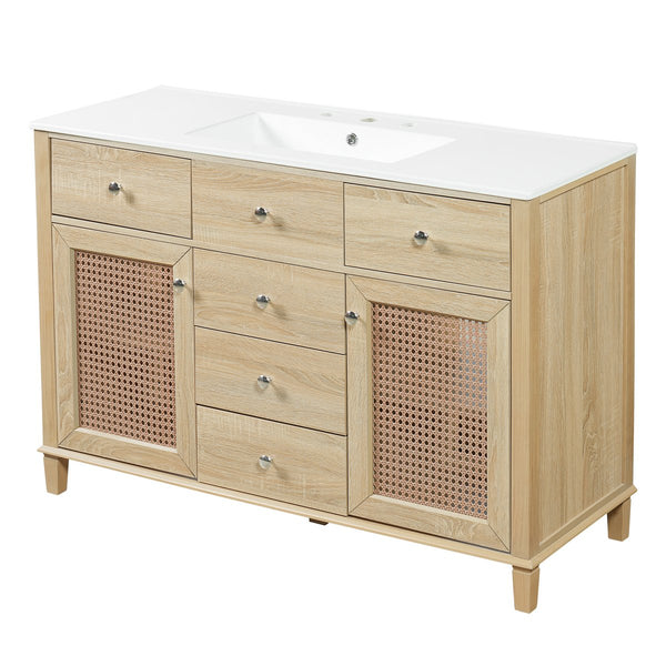 English Elm 48-inch Rattan Bathroom Vanity Solid Wood Frame Five Drawers Ceramic Sink Coastal Boho N765P38884950E