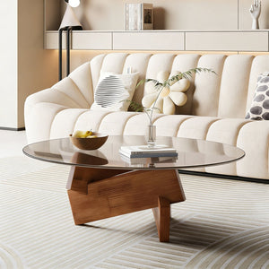 English Elm Modern Round Glass Top Coffee Table with Walnut Base for Living Room Seating Areas W3101P417722