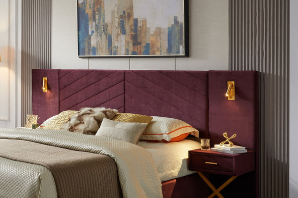 English Elm Queen Modern Floating Bedside Tables with LED Lights, Crossed Metal Legs, Single Drawer Storage, Durable Construction WINE RED W1793S00014