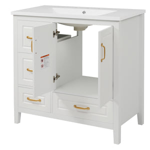 English Elm Christopher Knight Home® - 36" Freestanding Bathroom Vanity with Resin Sink, Soft-Close Doors & Drawers, Gold Alloy Handles, Spacious Storage and Easy Plumbing Access White N759P292552K