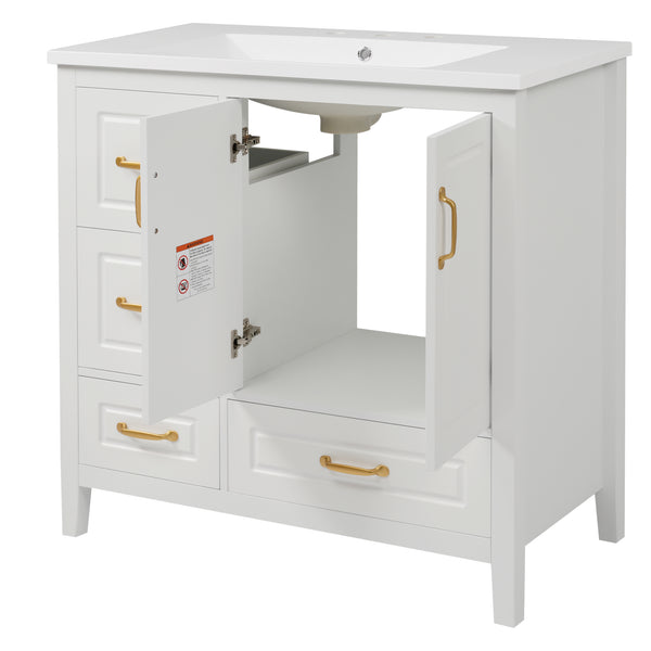 English Elm Christopher Knight Home® - 36" Freestanding Bathroom Vanity with Resin Sink, Soft-Close Doors & Drawers, Gold Alloy Handles, Spacious Storage and Easy Plumbing Access White N759P292552K