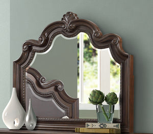 English Elm Mohogany Ornate Mirror with Beveled Glass and Scrolling Solid Wood Frame in Rich Mahogany Finish B2699P230440