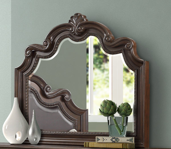 English Elm Mohogany Ornate Mirror with Beveled Glass and Scrolling Solid Wood Frame in Rich Mahogany Finish B2699P230440