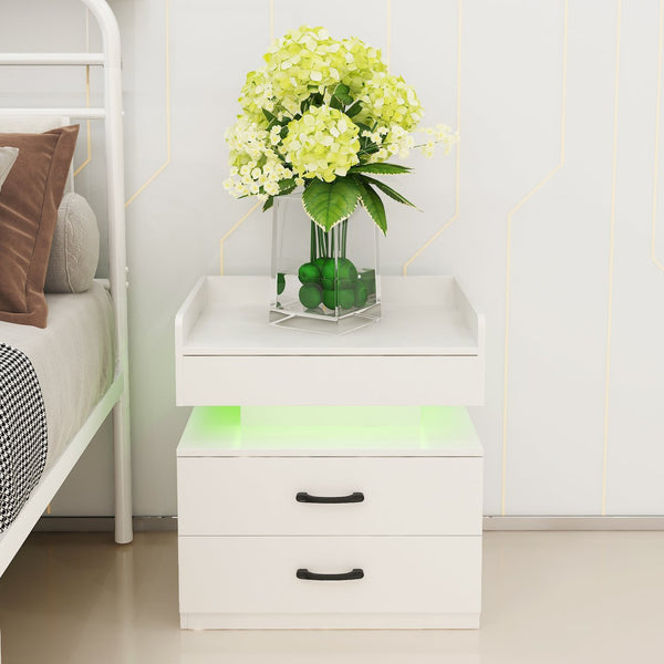 English Elm 1 Set Led Strip Nightstand with 2 Drawers Open Shelf Contemporary Bedside Storage White W578P462505