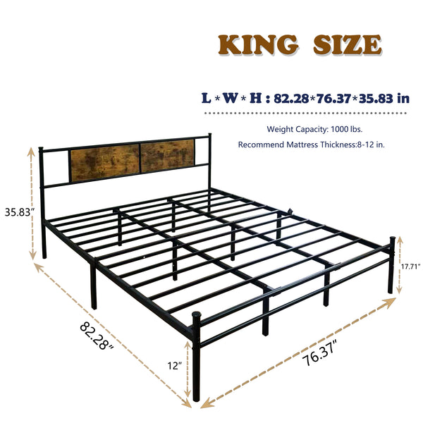 English Elm Queen Victorian Platform Bed Wood Paneling Metal Frame with Under Bed Storage Space W3286P308744
