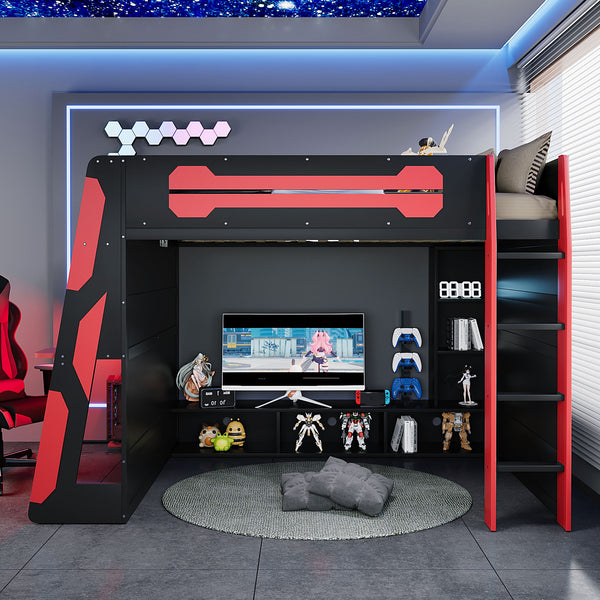 English Elm Full Size Wood Loft Bed with Rgb Lighting Desk Storage and Gaming Console Shelf Red LT000260AAR